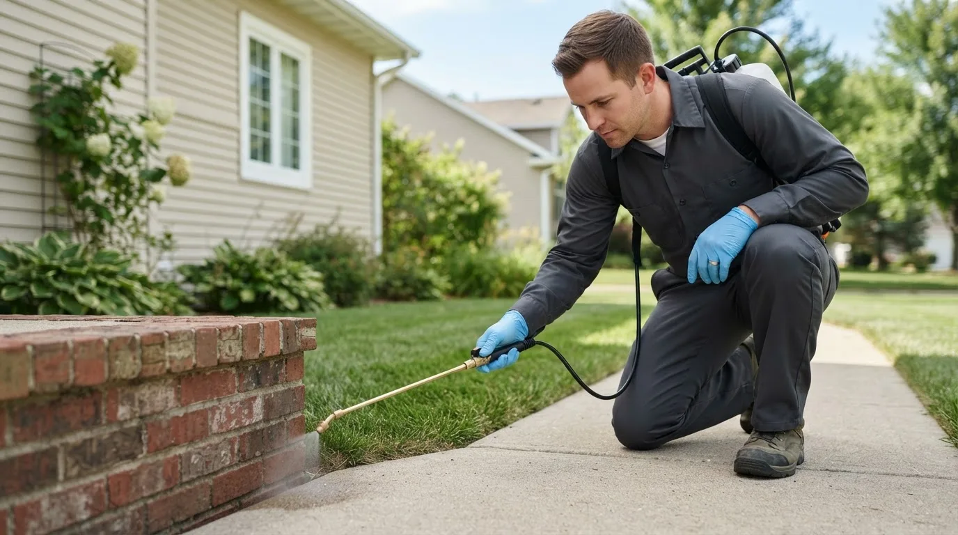 Pest control technician treating a home near Brownfield, ME