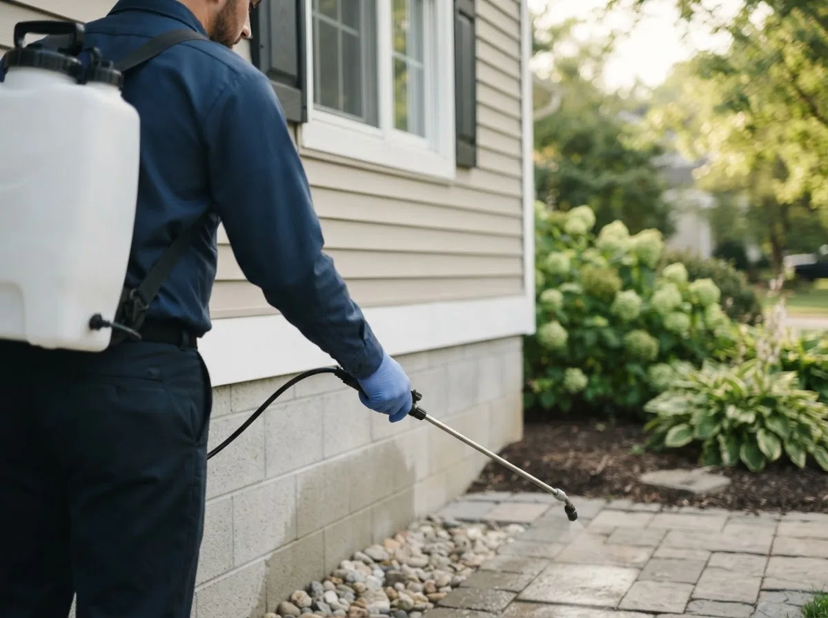 Pest control technician inspecting a home in Brownfield, ME